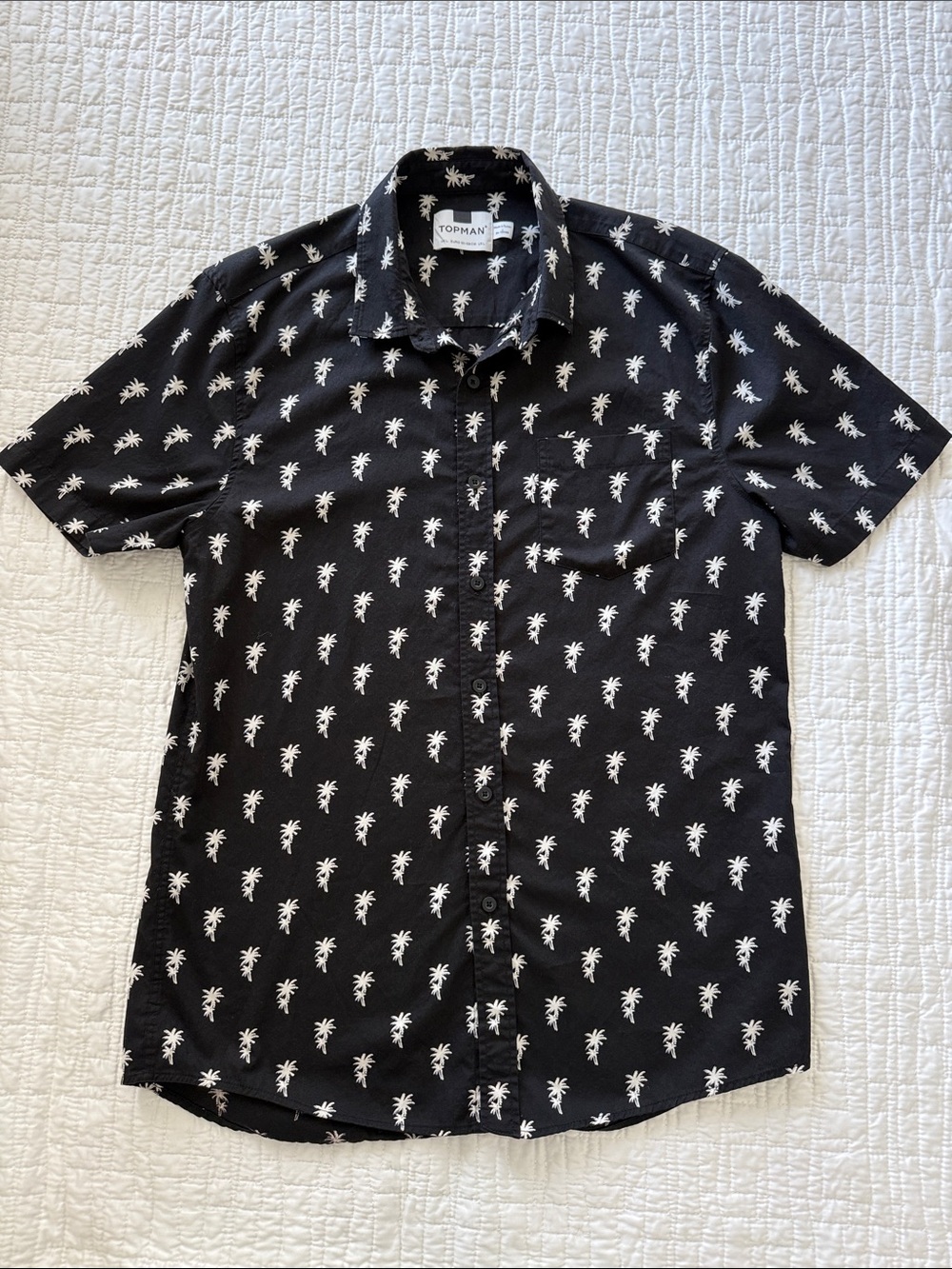 Topman Black Short-Sleeve Palm Tree Print Button-Down Shirt